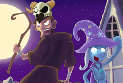 Size: 1280x863 | Tagged: safe, artist:coffeebanana, trixie, human, pony, unicorn, g4, cape, clothes, crossover, duo, female, full moon, hat, magic, male, merasmus, moon, night, ponyville, skull, staff, team fortress 2, town, trixie's cape, trixie's hat, unamused