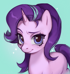 Size: 3035x3215 | Tagged: safe, artist:oops pio, starlight glimmer, pony, unicorn, g4, bust, female, green background, high res, horn, looking at you, mare, missing cutie mark, portrait, raised eyebrow, simple background, smiling, smiling at you, solo