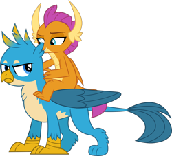 Size: 2000x1816 | Tagged: safe, artist:frownfactory, part of a set, gallus, smolder, dragon, griffon, g4, annoyed, dragon knight series, dragoness, dragons riding griffons, female, frown, gallus is not amused, horns, male, part of a series, riding, simple background, smolder riding gallus, transparent background, unamused, vector, wings