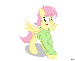 Size: 1284x1047 | Tagged: safe, artist:ricy, fluttershy, oc, pegasus, pony, g4, butterscotch, clothes, crossed hooves, cute, looking away, male, open mouth, rule 63, shy, shyabetes, simple background, solo, spread wings, stallion, sweater, tail, transparent background, wings