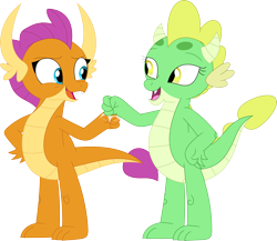 Size: 3560x3094 | Tagged: safe, artist:porygon2z, smolder, oc, oc:jade, dragon, g4, dragoness, duo, duo female, female, fist bump, high res, simple background, transparent background