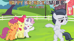 Size: 2063x1161 | Tagged: safe, artist:not-yet-a-brony, apple bloom, rumble, scootaloo, sweetie belle, earth pony, pegasus, pony, unicorn, g4, 2022, bipedal, birthday, colt, cutie mark crusaders, female, fence, filly, foal, male, may, ponyville schoolhouse, tree, vincent tong, voice actor reference