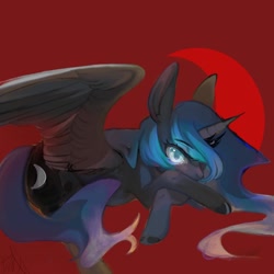 Size: 1024x1024 | Tagged: safe, artist:catcity__, princess luna, alicorn, pony, g4, blood moon, crossed arms, ears up, eyebrows, eyebrows visible through hair, female, glowing, glowing eyes, looking at you, lying down, mare, moon, prone, red background, simple background, solo, spread wings, wings