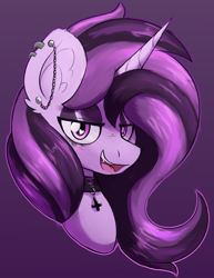 Size: 1888x2444 | Tagged: safe, artist:czu, oc, oc:czupone, pony, bust, collar, eyeshadow, fangs, goth, heart, heart eyes, horn, makeup, male, open mouth, piercing, simple background, solo, wingding eyes