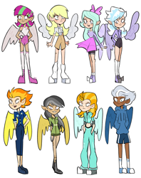 Size: 3637x4587 | Tagged: safe, artist:charrlll, color edit, edit, blossomforth, cloudchaser, daring do, derpy hooves, flitter, lightning dust, night glider, spitfire, elf, fairy, human, g4, absurd resolution, bandaid, belly button, boots, bracelet, clothes, converse, dark skin, ear piercing, earring, elf ears, female, freckles, grin, hand on hip, hoodie, humanized, jewelry, kneesocks, leg warmers, light skin edit, midriff, necktie, pants, piercing, shirt, shoes, shorts, siblings, simple background, sisters, skin color edit, skirt, smiling, socks, sports shorts, stockings, tank top, thigh highs, tomboy, twins, uniform, wall of tags, white background, winged humanization, wings, wonderbolts dress uniform, wristband