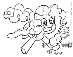 Size: 600x464 | Tagged: safe, artist:marybellamy, pinkie pie, earth pony, pony, g4, lineart, monochrome, onomatopoeia, patreon, patreon reward, rubber chicken, simple background, smiling, solo, sound effects, white background, wide eyes