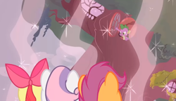 Size: 662x380 | Tagged: safe, screencap, apple bloom, scootaloo, spike, sweetie belle, dragon, earth pony, pegasus, pony, unicorn, g4, ponyville confidential, season 2, angry, bow, cutie mark crusaders, female, filly, foal, force field, golden oaks library, hair bow, looking down, magic, sparkles, tree, window