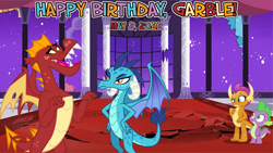 Size: 2064x1164 | Tagged: safe, artist:drakizora, artist:le-23, artist:melisareb, artist:not-yet-a-brony, artist:vector-brony, garble, princess ember, smolder, spike, dragon, g4, 2022, birthday, birthday party, embarrassed, ember is not amused, implied emble, may, now you fucked up, party, ruins, this did not end well, unamused, vincent tong, voice actor reference