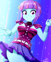 Size: 1784x2163 | Tagged: safe, artist:the-butch-x, sunny flare, dance magic, equestria girls, spoiler:eqg specials, breasts, busty sunny flare, clothes, dance magic outfit, dress, female, grin, hairpin, high res, looking at you, schrödinger's pantsu, signature, smiling, solo, teeth