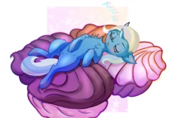 Size: 1400x935 | Tagged: safe, artist:mistleinn, trixie, pony, unicorn, g4, chest fluff, dream, lying, lying down, on back, onomatopoeia, simple background, sleeping, solo, sound effects, zzz