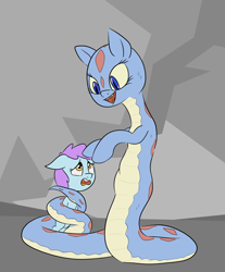 Size: 1940x2342 | Tagged: safe, artist:happy harvey, oc, oc only, earth pony, lamia, original species, pony, snake, snake pony, coils, fangs, female, female pred, filly, filly prey, foal, happy, hug, imminent vore, mare, phone drawing, predator vs prey, scared, slit pupils, vore sequence, wrapped up