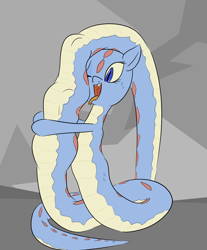 Size: 1940x2342 | Tagged: safe, artist:happy harvey, earth pony, lamia, original species, pony, snake, snake pony, abdominal bulge, fangs, female, female pred, filly, filly prey, foal, forked tongue, hugging a pony, mare, one eye closed, open mouth, phone drawing, predator vs prey, slit pupils, this will end in death, vore, vore sequence