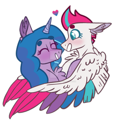 Size: 1280x1293 | Tagged: safe, artist:hate-love12, izzy moonbow, zipp storm, pegasus, pony, g5, colored wings, female, lesbian, multicolored wings, obtrusive watermark, ship:zippzzy, shipping, simple background, transparent background, watermark, wings