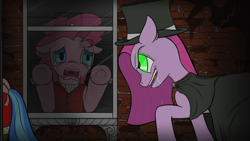 Size: 1920x1080 | Tagged: safe, artist:underwoodart, pinkie pie, earth pony, pony, g4, alternate universe, bow, brick wall, cloak, clothes, crying, cuffs (clothes), detailed background, dr jekyll and mr hyde, dr pinkie, dr pinkie and miss pie, drool, duality, glowing, glowing eyes, hat, miss pie, pinkamena diane pie, prostitute, reflection, shadow, stalker, stalking, tail, tail bow, top hat, victorian, waistcoat, window