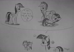 Size: 1704x1204 | Tagged: safe, artist:ricky47, applejack, rainbow dash, twilight sparkle, earth pony, pegasus, pony, unicorn, g4, angry, bondage, bored, bound and gagged, cloth gag, confused, flashback, gag, grin, looking at each other, looking at someone, nervous, nervous smile, one eye closed, over the nose gag, smiling, traditional art, twilight sparkle is not amused, unamused, wink, worried smile