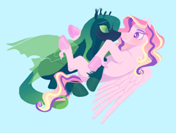 Size: 3912x2964 | Tagged: safe, artist:universalheart, princess cadance, queen chrysalis, changeling, pegasus, pony, g4, blue background, colored hooves, duo, female, heart eyes, high res, infidelity, lesbian, lineless, looking at each other, looking at someone, missing accessory, ship:cadalis, shipping, simple background, wingding eyes