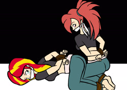 Size: 2479x1753 | Tagged: safe, artist:ssvineman, sunset shimmer, human, equestria girls, g4, arm behind back, ass, bondage, bound and gagged, bound wrists, butt, cloth gag, crossover, flannery, gag, help us, human coloration, looking at someone, looking at you, looking back, looking back at you, lying down, pokémon, rope, rope bondage, tied up