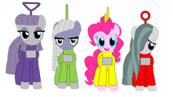 Size: 1280x720 | Tagged: safe, artist:amazingangus76, limestone pie, marble pie, maud pie, pinkie pie, earth pony, pony, g4, crossover, cursed image, dipsy, group, laa-laa, pie sisters, po, quartet, siblings, simple background, sisters, teletubbies, tinky winky, white background