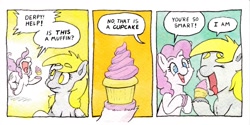 Size: 1196x599 | Tagged: safe, artist:lost marbles, derpy hooves, pinkie pie, earth pony, pegasus, pony, g4, comic, comic strip, cupcake, dialogue, female, food, traditional art, watercolor painting
