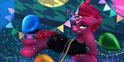 Size: 2971x1500 | Tagged: safe, artist:darksly, tempest shadow, pony, unicorn, g4, balloon, confetti, female, hat, lying down, mare, party hat, solo, streamers, tempest shadow is not amused, unamused