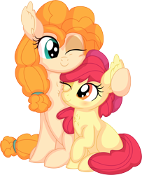 Size: 6480x7987 | Tagged: safe, artist:cyanlightning, apple bloom, pear butter, earth pony, pony, .svg available, absurd resolution, apple bloom's bow, bow, duo, eyes closed, female, filly, foal, hair bow, holding, hug, mare, mother and child, mother and daughter, motherly, simple background, sitting, transparent background, vector