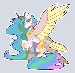 Size: 818x800 | Tagged: safe, artist:axelotl_1, princess celestia, alicorn, pony, g4, colored wings, crown, female, gray background, jewelry, mare, multicolored wings, raised hoof, redesign, regalia, simple background, solo, spread wings, tail, tail feathers, wings