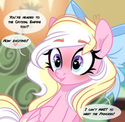 Size: 2112x2068 | Tagged: safe, artist:emberslament, oc, oc only, oc:bay breeze, pegasus, pony, blushing, bow, cute, excited, female, hair bow, heart eyes, high res, mare, pegasus oc, raised eyebrows, solo, sparkly eyes, speech bubble, talking to viewer, wingding eyes, wings