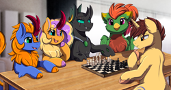 Size: 3709x1950 | Tagged: safe, artist:pridark, oc, oc only, changeling, griffon, kirin, pony, unicorn, changeling oc, chess, chess piece, commission, female, griffon oc, group, high res, horn, kirin oc, male, open mouth, playing, sitting, table, unicorn oc, watching