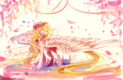 Size: 3000x1941 | Tagged: safe, artist:aquagalaxy, pegasus, pony, digital art, feathered wings, flower, flower in hair, large wings, petals, simple background, sketch, solo, white background, wings