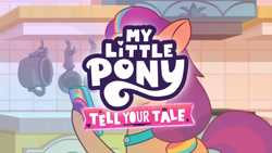 Size: 3410x1920 | Tagged: safe, screencap, sunny starscout, earth pony, pony, g5, my little pony: tell your tale, sunny-day dinners, spoiler:g5, spoiler:my little pony: tell your tale, spoiler:tyts01e10, cellphone, female, high res, mare, my little pony logo, phone, smartphone, smiling, solo