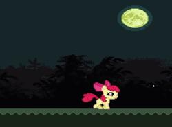 Size: 356x264 | Tagged: safe, artist:anomalocalis, apple bloom, earth pony, pony, g4, bloodlineapplebloom.exe, bow, creepypasta, female, filly, foal, forest, game, grass, hair bow, mare, moon, night, tree, youtube link