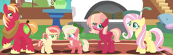 Size: 1280x408 | Tagged: safe, artist:selenaede, artist:strawberry-spritz, artist:teafor2-d, big macintosh, fluttershy, oc, oc:peachy see, oc:sweet apple, oc:sweet note, earth pony, pegasus, pony, alternate design, alternate hairstyle, base used, bow, earth pony oc, family, female, filly, fireplace, fluttermac, fluttershy's cottage, foal, freckles, hair accessory, hair bow, male, mare, offspring, parent:big macintosh, parent:fluttershy, parents:fluttermac, pegasus oc, pillow, pot, rug, shipping, siblings, sisters, stallion, straight, striped mane, tail, tail bow, teenager, twins, window