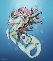 Size: 800x927 | Tagged: safe, artist:chirupi, oc, merpony, bubble, fish tail, fruit, guitar, jewelry, musical instrument, necklace, ocean, pink mane, red eyes, signature, smiling, solo, sunlight, swimming, tail, tree branch, underwater, water