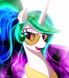 Size: 1920x2160 | Tagged: safe, artist:zidanemina, princess celestia, alternate hairstyle, bust, ethereal mane, glasses, missing accessory, portrait, simple background, smiling, solo, starry mane, white background