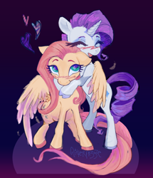 Size: 1280x1486 | Tagged: safe, artist:glitterfr33ze, fluttershy, rarity, pegasus, pony, unicorn, g4, blushing, cloven hooves, colored, colored hooves, cute, duo, eyes closed, eyes open, female, floppy ears, gradient background, heart, hug, lesbian, looking at someone, mare, open mouth, open smile, partially open wings, raribetes, ship:flarity, shipping, shyabetes, smiling, winghug, wings
