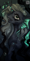 Size: 1098x2173 | Tagged: safe, artist:rottengotika, oc, oc only, hybrid, merpony, original species, seapony (g4), bubble, curved horn, flowing mane, gem, gills, green eyes, horn, ocean, open mouth, signature, solo, teeth, underwater, water