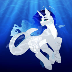 Size: 1280x1280 | Tagged: safe, artist:melodyboundless, oc, oc only, merpony, original species, pony, shark, shark pony, unicorn, blue eyes, blue mane, contest entry, crepuscular rays, deviantart watermark, female, fish tail, flowing mane, flowing tail, horn, mare, obtrusive watermark, ocean, smiling, solo, sunlight, swimming, tail, underwater, water, watermark