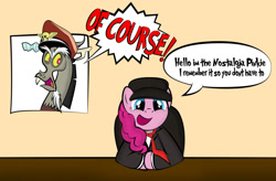 Size: 1139x747 | Tagged: safe, artist:dan232323, discord, pinkie pie, draconequus, earth pony, pony, g4, 2016, chair, clothes, exclamation point, female, hat, male, mare, necktie, nostalgia critic, parody, suit