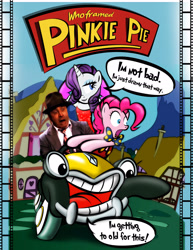 Size: 1791x2320 | Tagged: safe, artist:dan232323, pinkie pie, rarity, earth pony, human, pony, unicorn, g4, benny the cab, bob hoskins, car, disney, eddie valiant, female, male, parody, ponyville, taxi, who framed roger rabbit