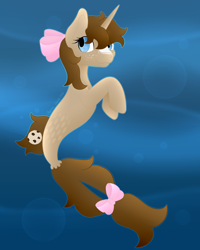 Size: 1600x2000 | Tagged: safe, artist:dolphintales, oc, oc only, pony, seapony (g4), unicorn, blue background, blue eyes, brown mane, bubble, dorsal fin, fish tail, flowing tail, horn, seaponified, seashell, simple background, smiling, solo, species swap, tail, underwater, water