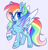 Size: 1206x1246 | Tagged: safe, alternate version, artist:cutiesparke, rainbow dash, pegasus, pony, g4, alternate cutie mark, alternate design, alternate eye color, bandage, blue eyes, chest fluff, colored wings, determined, ear fluff, ear piercing, earring, eye clipping through hair, female, gradient mane, gradient wings, jewelry, looking sideways, piercing, puffed chest, raised hoof, simple background, solo, spread wings, unshorn fetlocks, wings