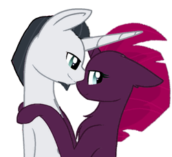 Size: 795x726 | Tagged: safe, artist:cahansentoth, artist:decokenite, chancellor neighsay, tempest shadow, pony, unicorn, g4, boop, broken horn, chest fluff, duo, female, horn, horns are touching, hug, hugging a pony, just kiss already, looking at someone, looking away, male, mare, shipping, simple background, smiling, stallion, straight, tempest neighsay, white background