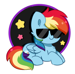 Size: 3936x3872 | Tagged: safe, artist:kittyrosie, rainbow dash, pegasus, pony, g4, chest fluff, cute, dashabetes, ear fluff, female, high res, lying down, mare, simple background, smiling, solo, stars, sunglasses, transparent background