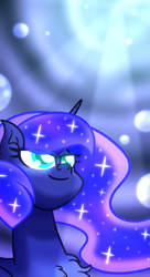 Size: 3420x6300 | Tagged: safe, artist:iceflower99, princess luna, alicorn, pony, g4, blue eyes, blue mane, bubble, chest fluff, crepuscular rays, ear fluff, ethereal mane, female, flowing mane, glowing, horn, mare, missing accessory, redraw, smiling, solo, sparkles, speedpaint, starry mane, sunlight, video at source, video in description