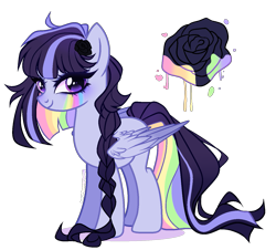 Size: 1357x1229 | Tagged: safe, artist:gihhbloonde, oc, oc only, unnamed oc, pegasus, pony, base used, braid, closed mouth, colored wings, eyeshadow, female, flower, flower in hair, folded wings, gradient mane, gradient tail, gradient wings, long tail, looking at each other, looking at someone, magical lesbian spawn, makeup, mare, multicolored hair, offspring, parent:inky rose, parent:rainbow dash, parents:inkydash, purple eyes, rainbow hair, simple background, smiling, solo, standing, tail, transparent background, wings