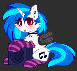 Size: 1550x1428 | Tagged: safe, artist:cutiesparke, dj pon-3, vinyl scratch, pony, unicorn, g4, :p, butt fluff, cheek fluff, chest fluff, choker, clothes, cutie mark accessory, ear fluff, ear piercing, eye clipping through hair, female, gray background, hooves up, lightly watermarked, looking at you, piercing, red eyes, shiny hair, simple background, sitting, socks, solo, speaker, striped socks, tongue out, two toned mane, watermark