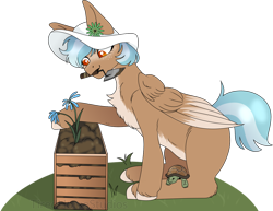 Size: 1280x988 | Tagged: safe, artist:tired-horse-studios, oc, oc only, pegasus, pony, turtle, box, chest fluff, female, flower, hat, mare, mouth hold, simple background, solo, transparent background, trowel