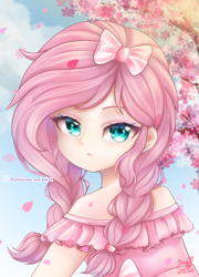 Size: 718x1000 | Tagged: safe, artist:fluttershy_art.nurul, fluttershy, human, equestria girls, g4, anime, anime style, beautiful, beautiful eyes, braid, cherry blossoms, clothes, cute, dress, flower, flower blossom, green eyes, hairstyle, looking at you, pink, pink dress, pink hair, shyabetes, solo, tape, tree