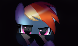 Size: 797x478 | Tagged: safe, artist:opal_radiance, rainbow dash, pegasus, pony, g4, black background, female, glasses, looking at you, mare, shading, simple background, solo, sunglasses