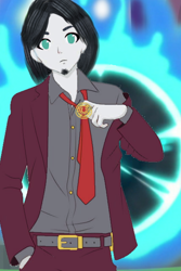 Size: 452x678 | Tagged: safe, artist:decokenite, chancellor neighsay, human, equestria girls, g4, anime, clothes, hand on hip, handsome, humanized, implied twilight sparkle, male, portal, senpai, suit, tugging, tuxedo, uniform
